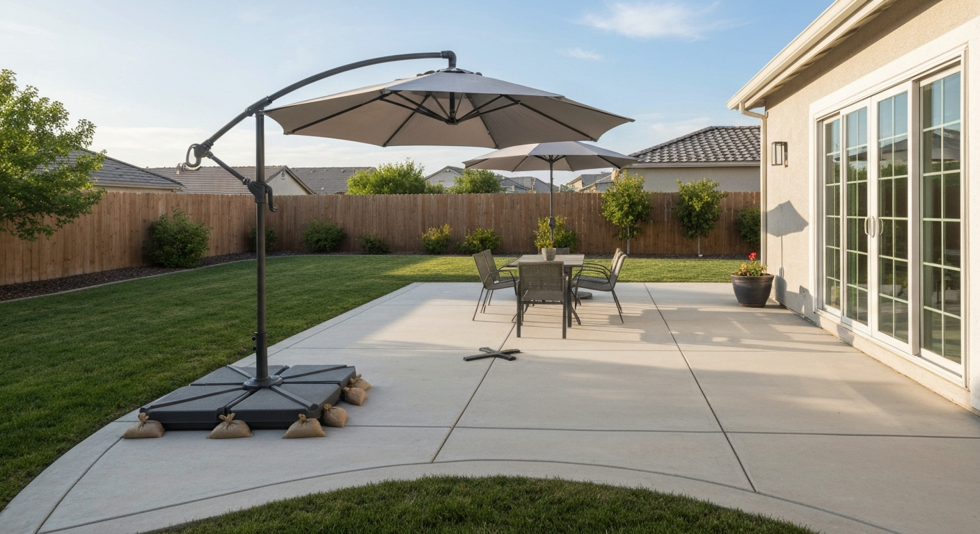Backyard patio with a secured offset (cantilever) umbrella: gray canopy on a cantilever arm, cross/X weighted base with filled sandbags and anti-slip pads, partially open over a table.