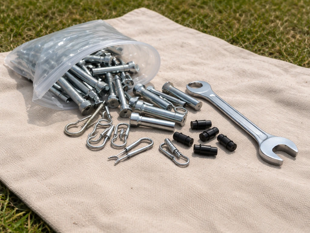 Open hardware bag with bolts, pins, safety clips, and set screws laid out on grass.