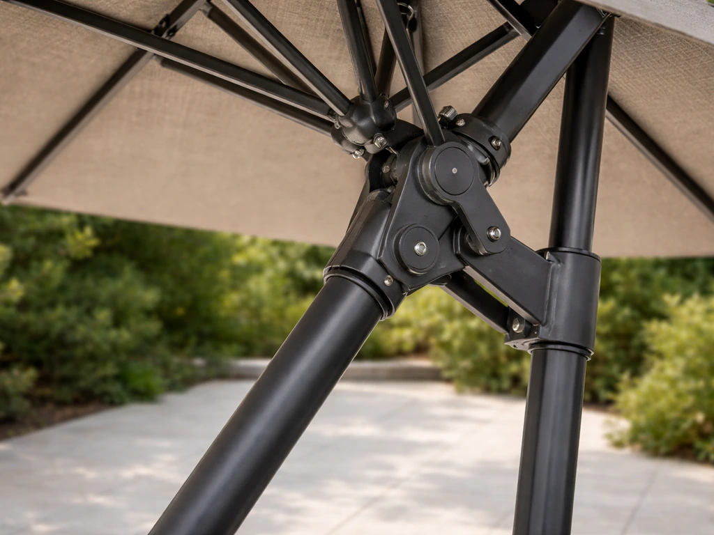Close-up of an offset cantilever umbrella with the off-center mast/pivot relative to the canopy overhang.