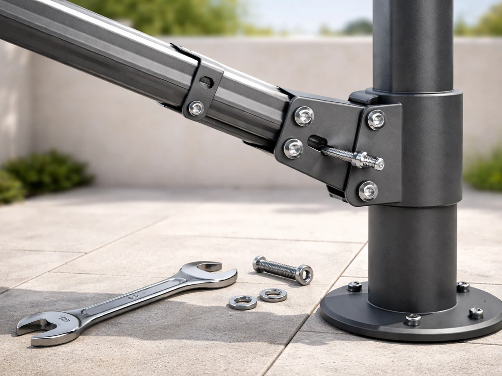 Close-up of an offset umbrella arm bolted to the mast with a wrench and fasteners visible.