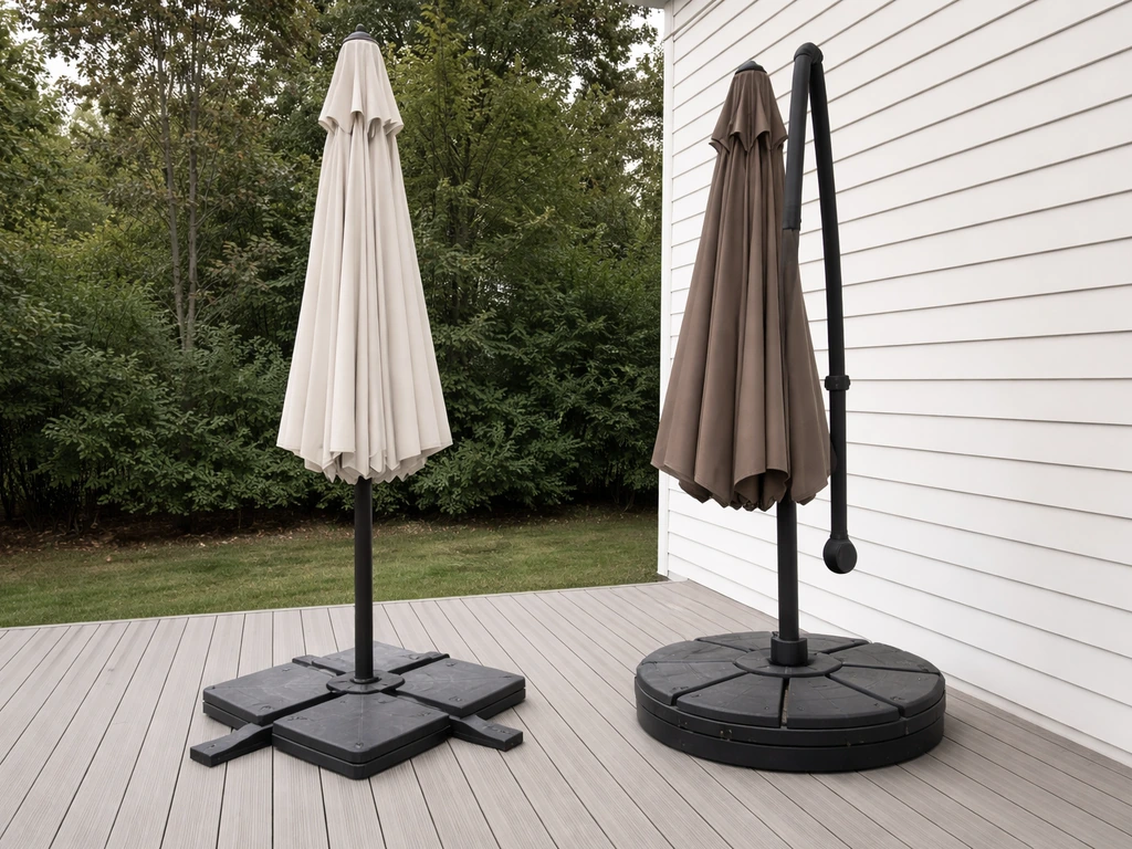 Two umbrellas side-by-side showing center-pole and offset pole positions with distinct bases.
