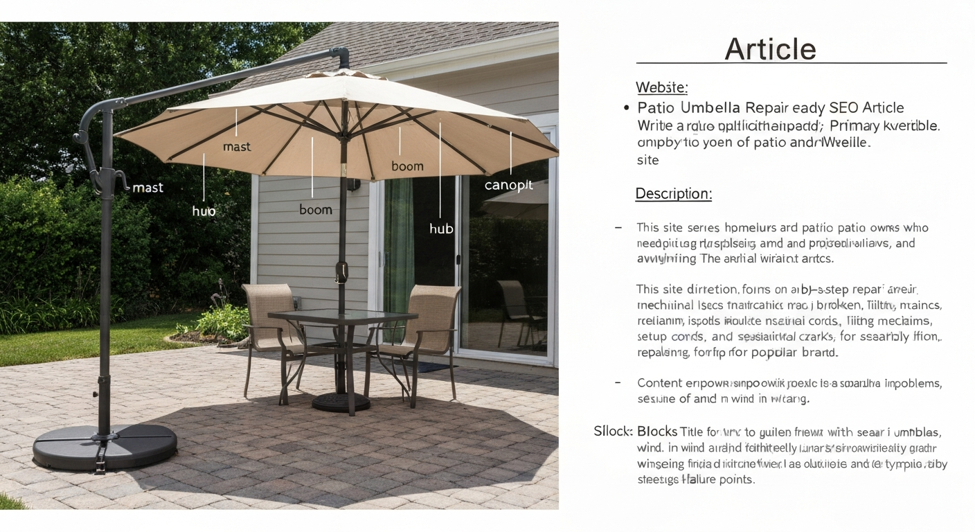 Open offset (cantilever) patio umbrella shading a patio, showing side-mounted mast, boom, hub, and canopy