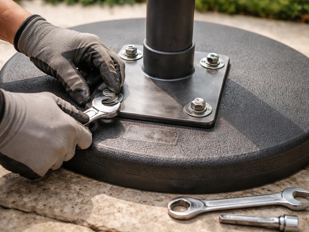 Gloved hands inspecting and tightening umbrella base hardware and bolt connection points.
