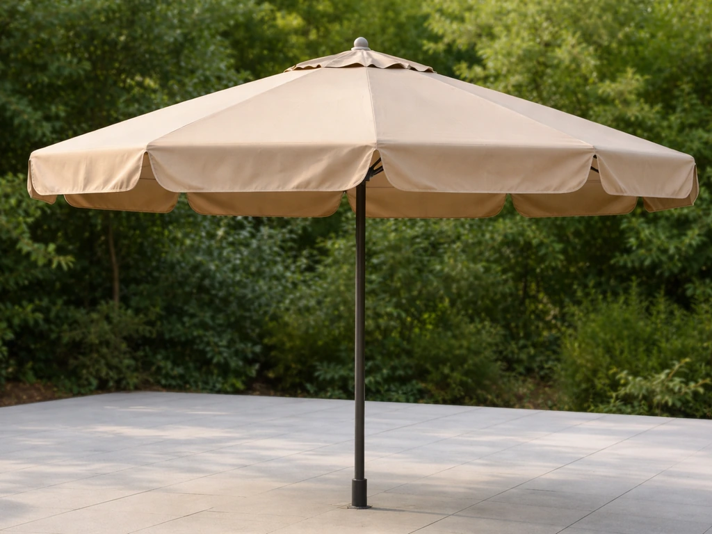 Fully opened patio umbrella showing taut canopy with aligned ribs and slight normal scalloping at the valance