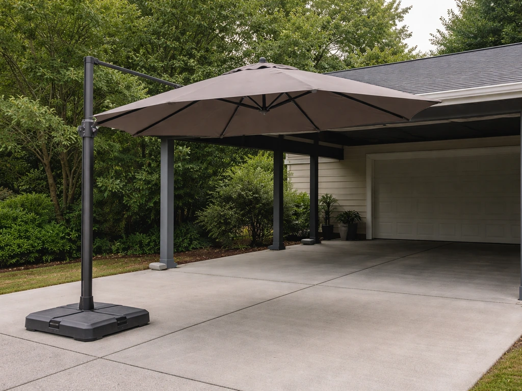 Large patio umbrella set near a carport, showing it is temporary shade—not a structural roof replacement.