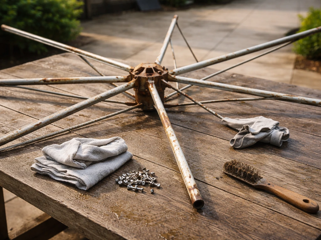Old patio umbrella frame with poles and ribs spread on a workbench outdoors, showing a repair-ready restoration scene.