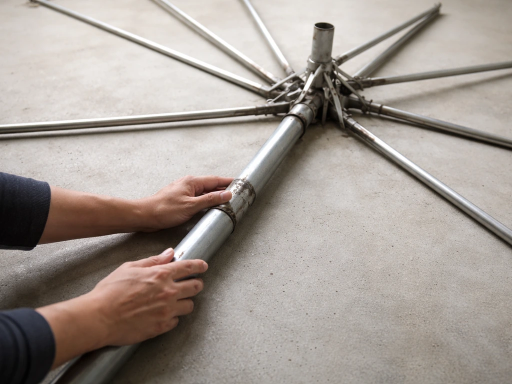 Old patio umbrella frame laid out on a garage floor while hands inspect poles and joints for cracks.