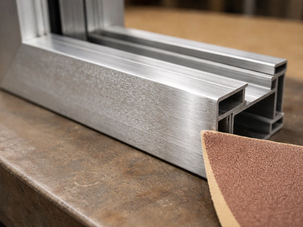 Close-up of a lightly sanded, chalky-white oxidized aluminum frame surface with fine sandpaper texture