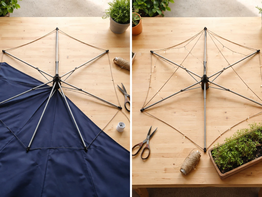 Split view of an umbrella frame: one side being fitted with a canopy, the other repurposed as a garden trellis.