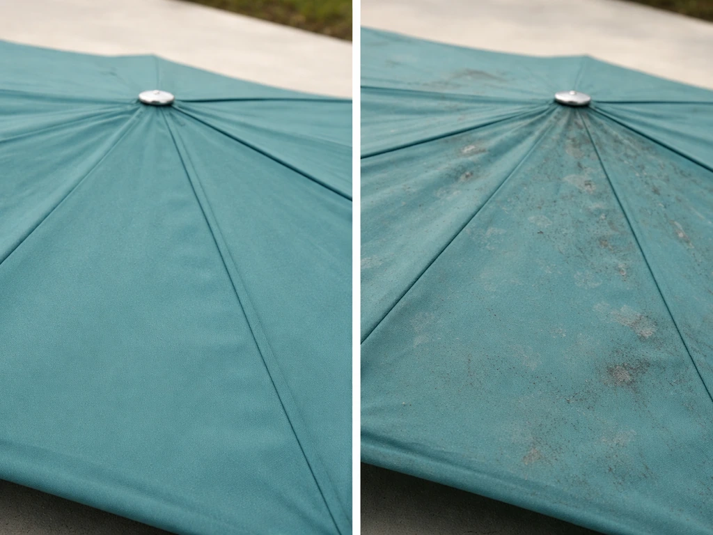 Side-by-side close-up of a dull, faded umbrella canopy versus worn/blotched fabric for restore vs replace