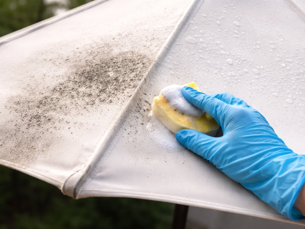 Gloved hand applying bleach-and-soap cleaning solution to mildew-stained umbrella fabric
