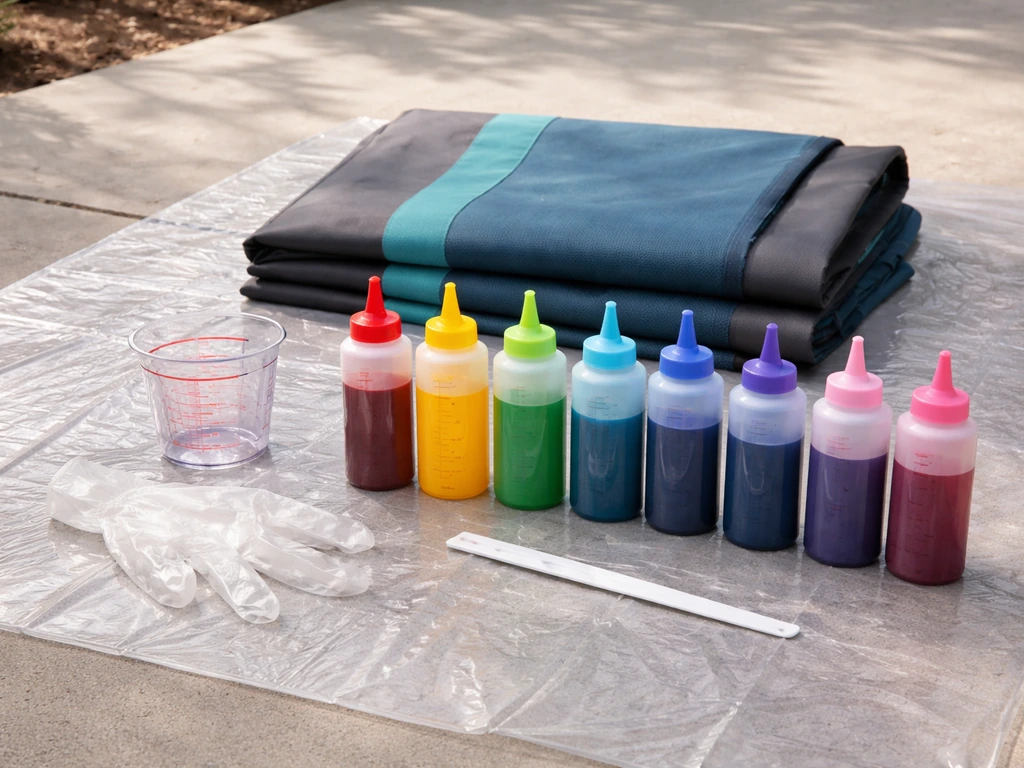 Outdoor fabric dye setup with dye bottles, measuring cup, gloves, stirring tool, and clear plastic sheeting.