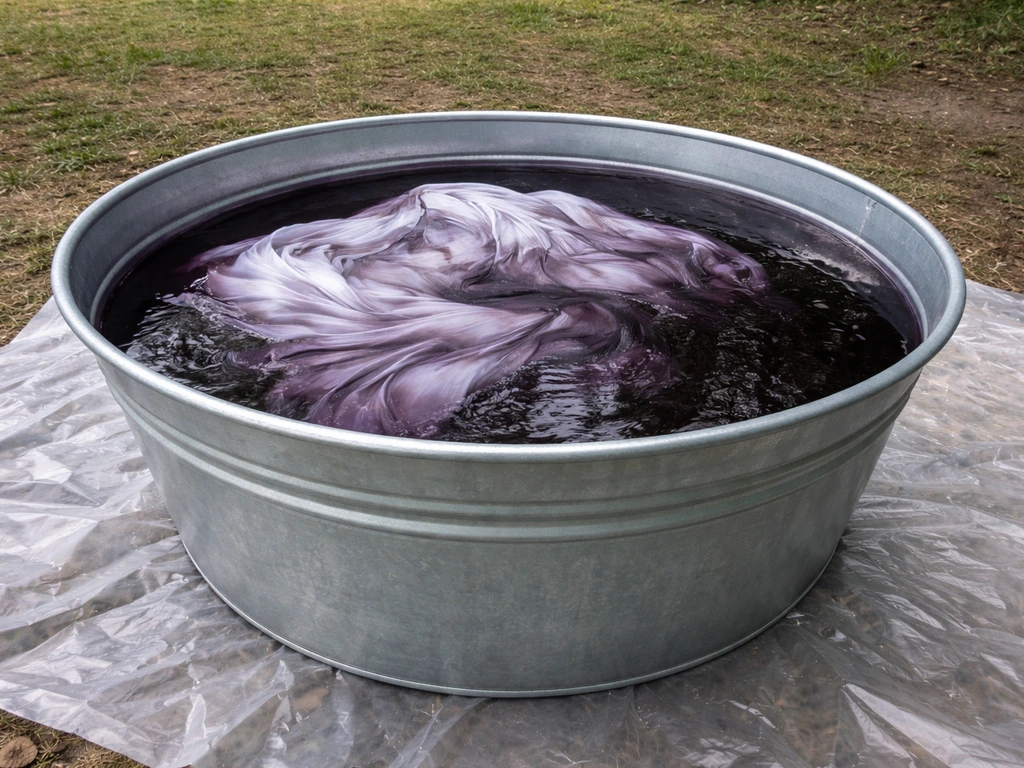 Fabric canopy fully submerged in a large outdoor dye bath on plastic sheeting.