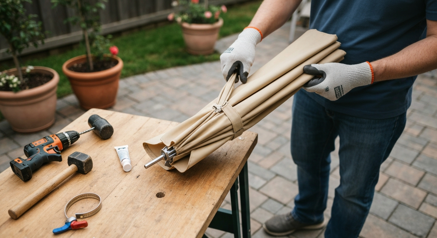 Person repairing a bent patio umbrella on a backyard patio, focusing on a bent rib with tools and a sleeve splint on the table.
