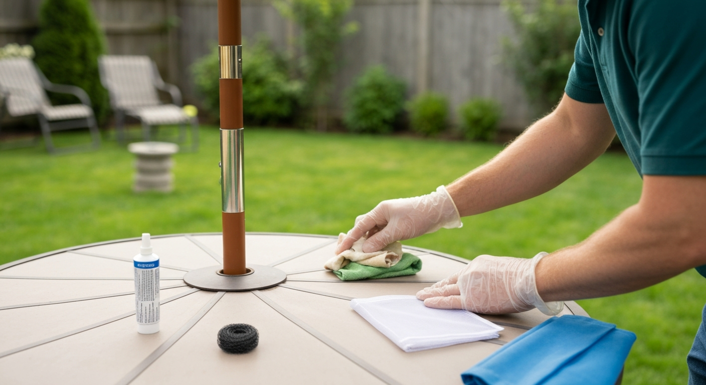 Person wearing gloves cleaning and sealing a patio umbrella canopy with a spray bottle, cloth, silicone caulk, steel wool and mesh nearby to deter bees.