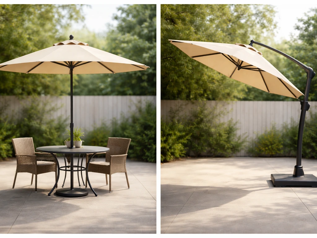 Side-by-side patio center-pole and offset/cantilever umbrellas showing their mounting and tilt differences.
