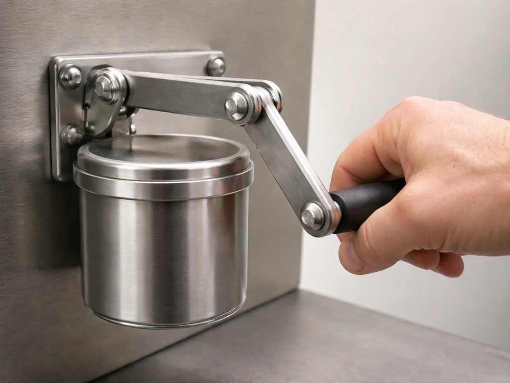 Close-up of a side-mounted crank mechanism raising and lowering a metal canister smoothly.