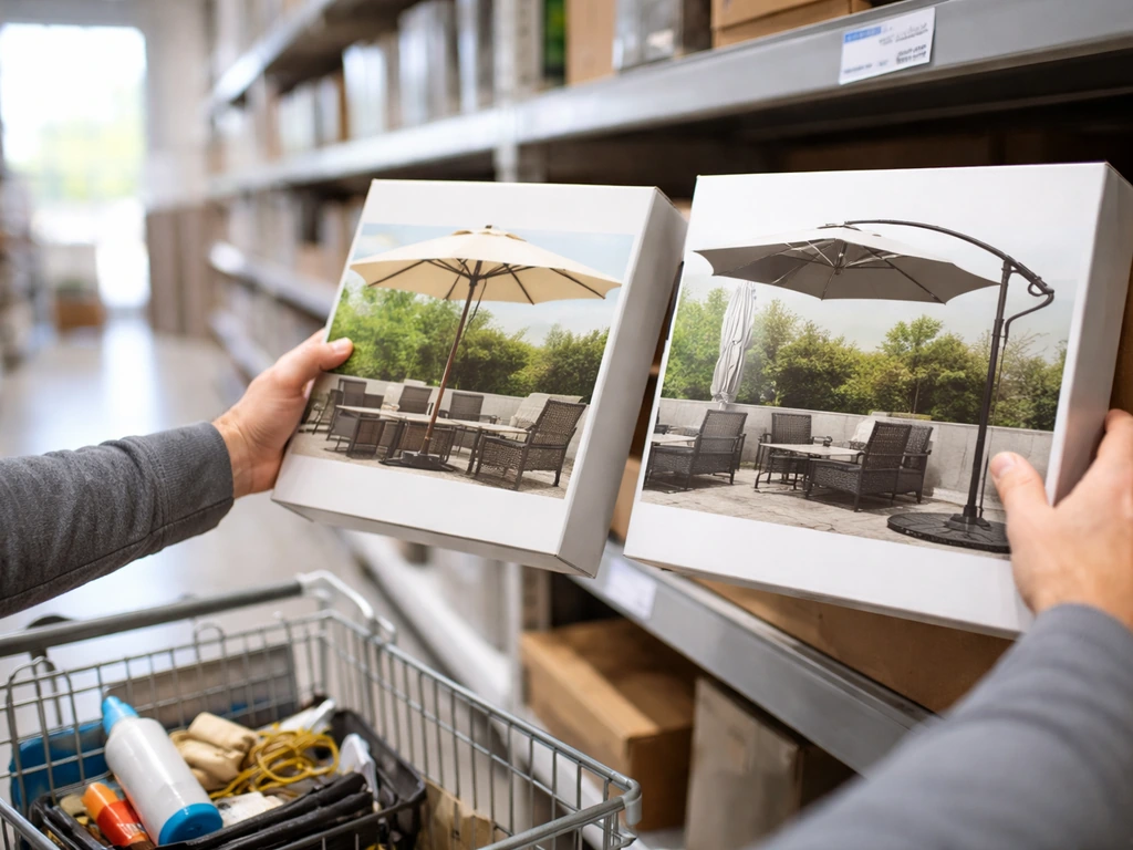 Shoppers browsing patio umbrellas and comparing mid-range and freestanding cantilever options on a retail display shelf.