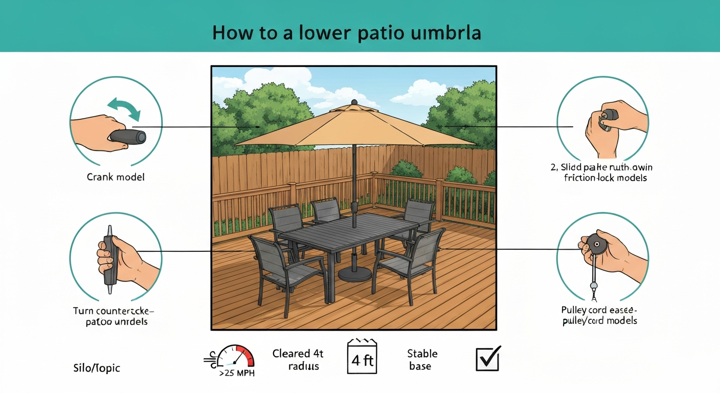 Infographic illustration showing how to lower a patio umbrella: central folded umbrella with three insets demonstrating crank, push-pin/collar, and pulley methods, plus safety icons for wind, clearing area, and stable base.