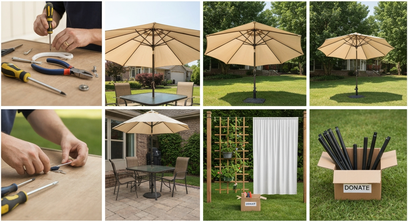 Collage: homeowner repairing an old patio umbrella, a repaired umbrella shading a table, the frame used as a garden trellis, canopy fabric repurposed, and donation/recycling options.