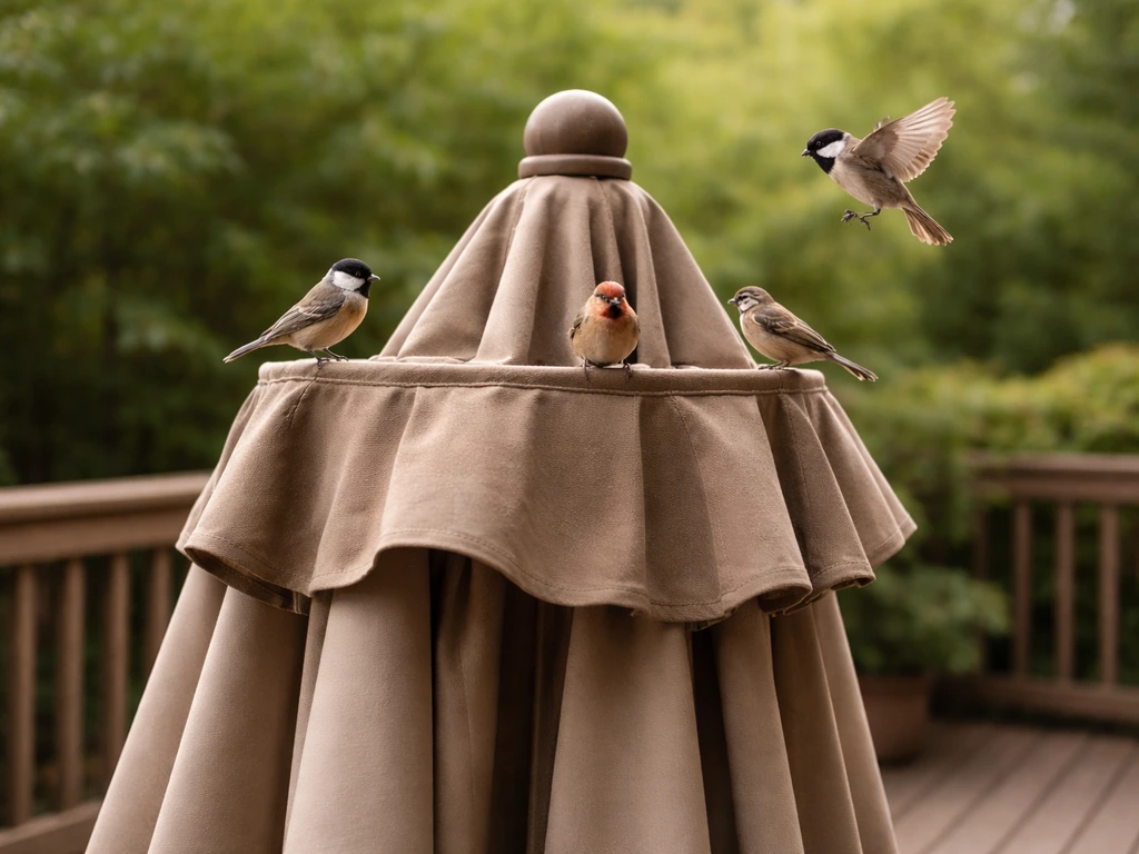 Patio umbrella on a backyard deck with small birds perched near the rim where they try to land.