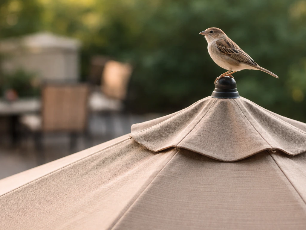 Small wild bird perched on a patio umbrella’s canopy rib tip, spotlighting the safe sightline perch.