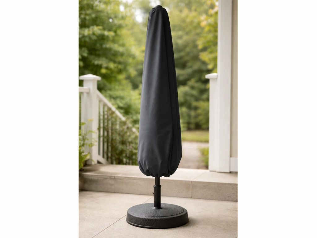 Snug umbrella cover pulled over a closed umbrella, blocking an open perching surface outdoors.