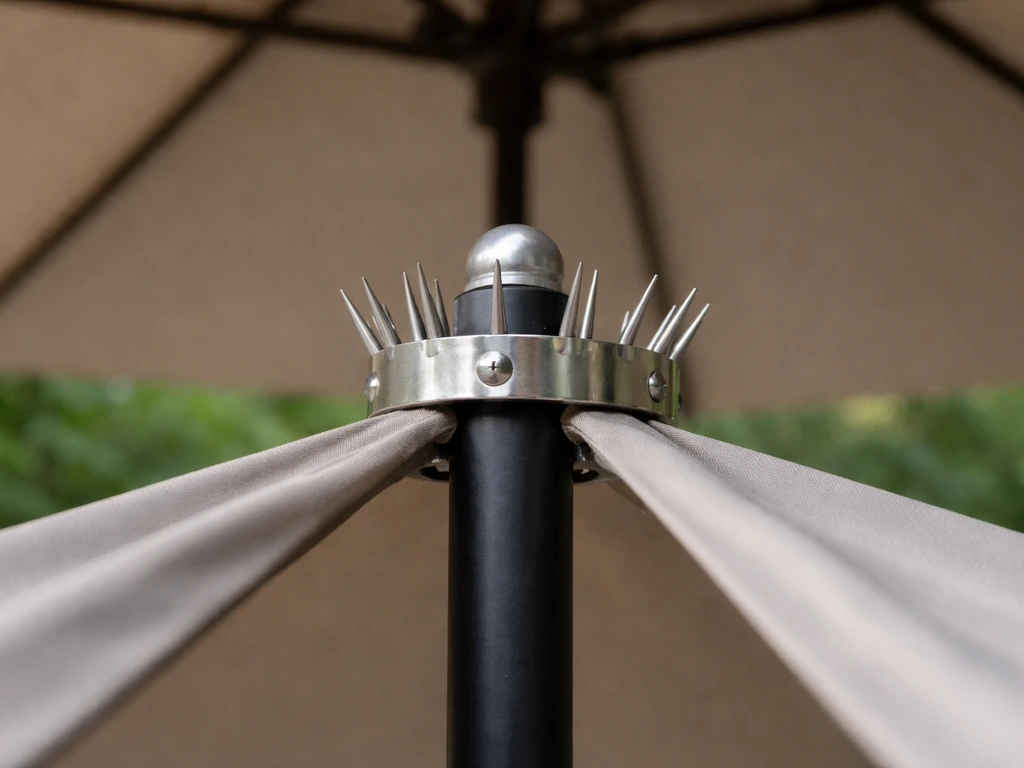 Close-up of an umbrella pole tip with a small humane spike strip deterrent installed, in daylight.
