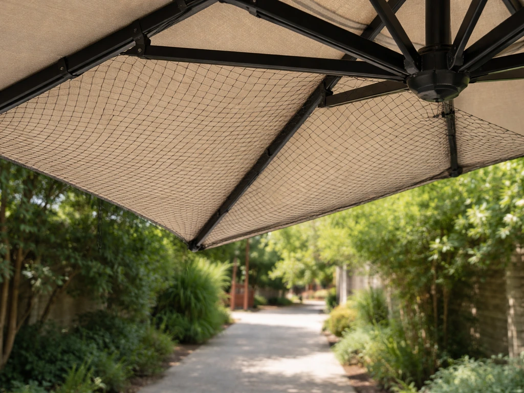 Lightweight bird netting draped under a cantilever canopy, secured along the underside frame