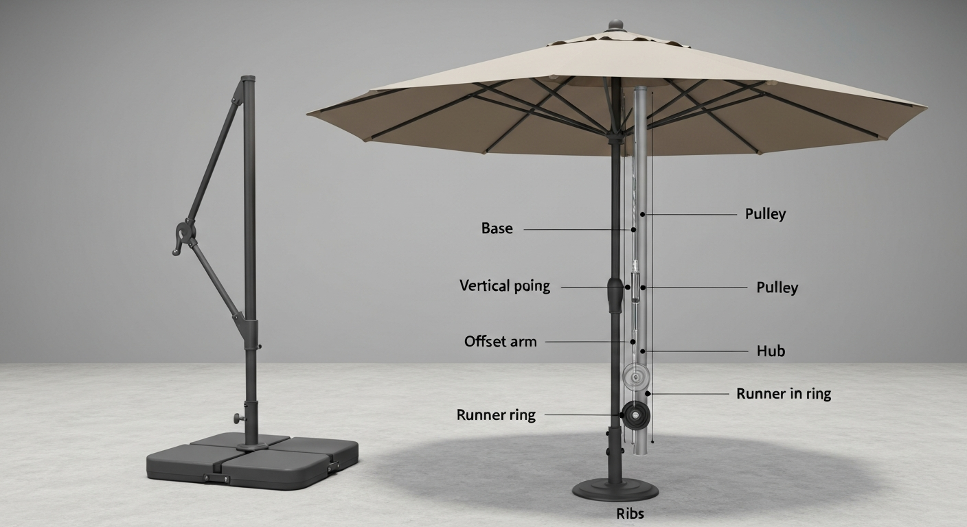 Three-quarter technical illustration of an open offset (cantilever) patio umbrella with a cutaway showing internal cable routing, pulleys, crank drum, runner ring and labeled major parts.