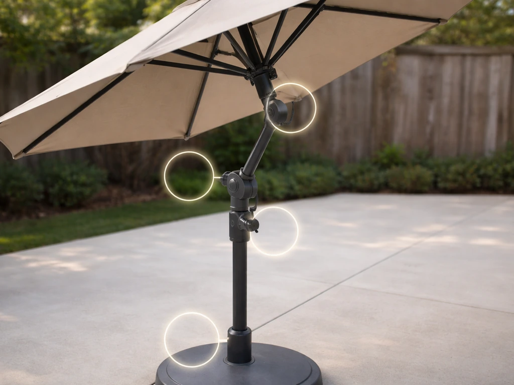 Patio umbrella with five subtle, wordless callout highlights indicating common adjustment issues.