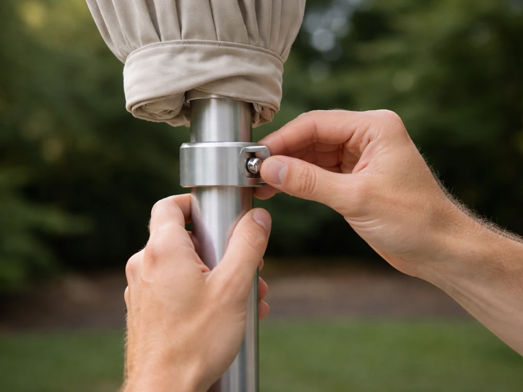 Hands adjusting a closed center-pole umbrella’s height collar and pin lock on the pole.