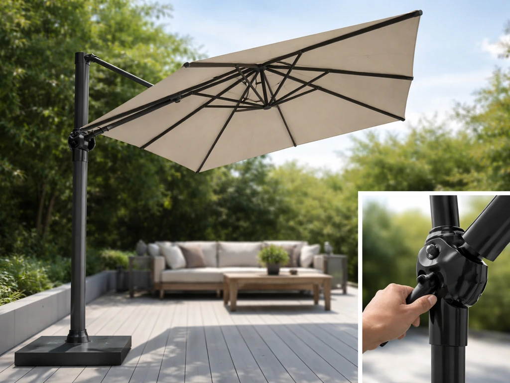 Side view of an offset cantilever umbrella with canopy tilt adjusted using the crank for clearance.