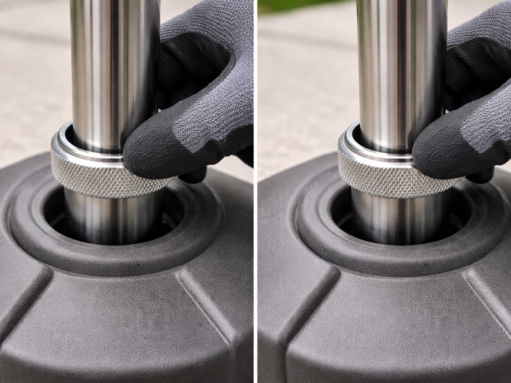 Close-up of umbrella pole collar tightening over base socket, showing proper seated fit vs slight mis-seating.