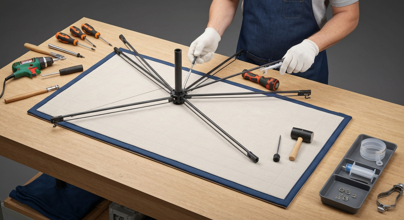 Person wearing gloves repairing a patio umbrella on a padded workbench with tools and replacement parts laid out.