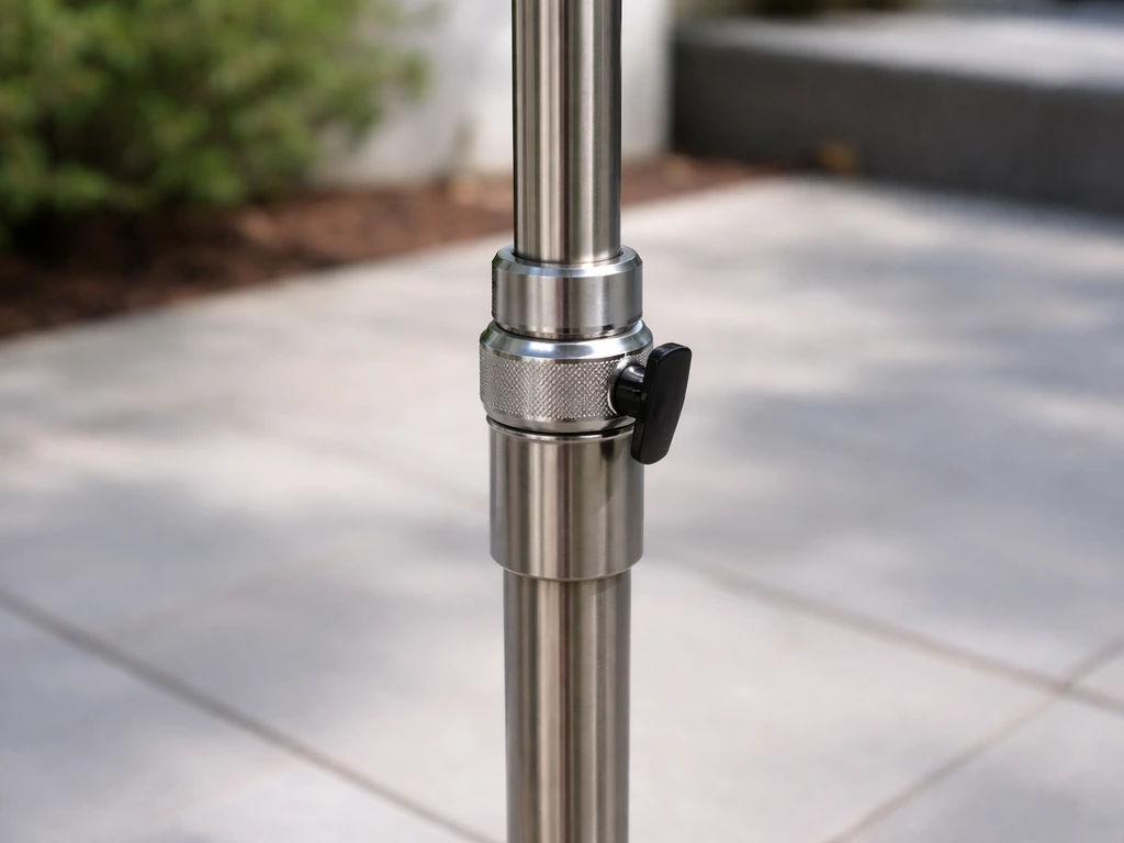 Extended patio umbrella pole with locking collar visible on a clean outdoor patio surface.