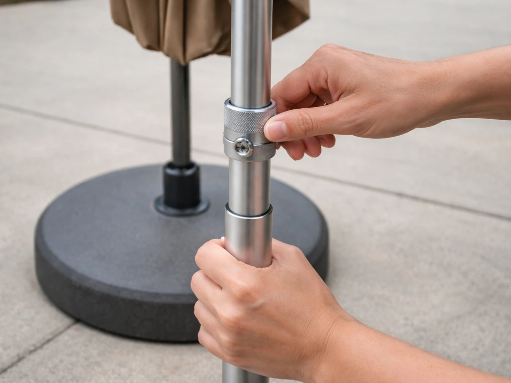 Close-up of hands extending a manual telescoping umbrella pole with the base held steady