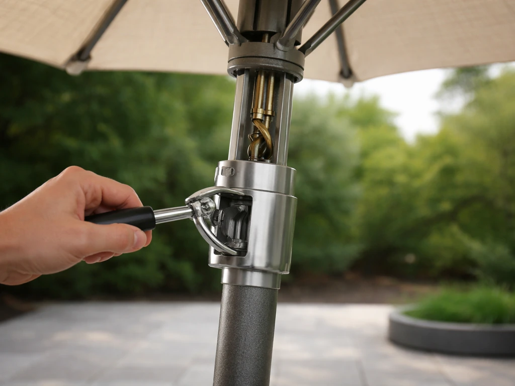 Close-up of a crank/tilt umbrella mechanism turning as the canopy rises, base stable on level ground.
