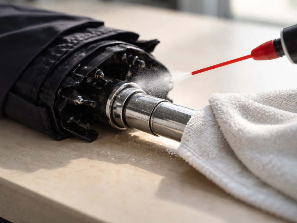 Close-up of silicone spray lubricant applied to a telescoping umbrella joint, wiped with a rag