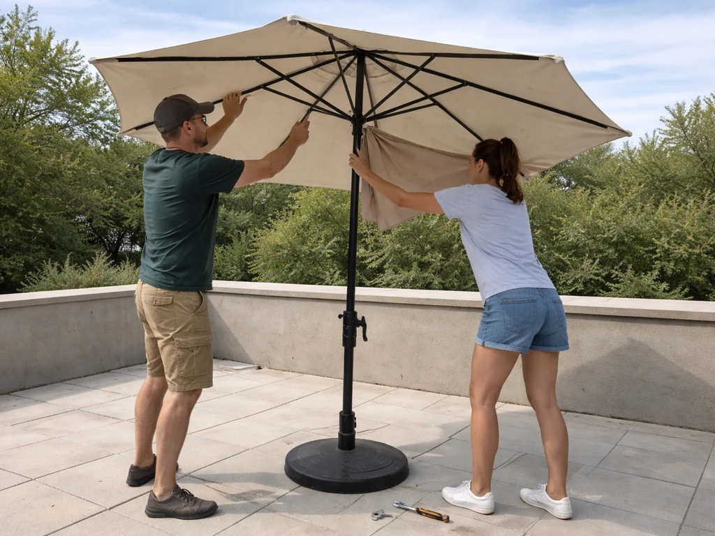 Two people safely assemble a center-pole umbrella frame, canopy, pole, and crank outdoors.