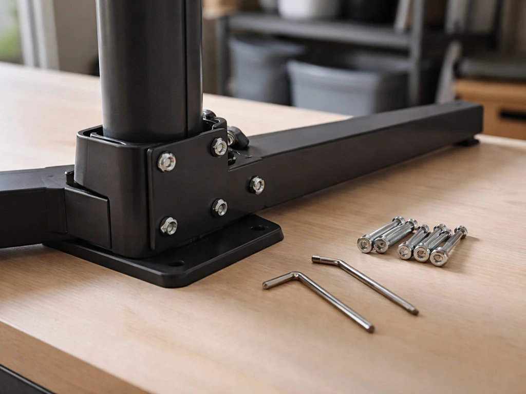 Hex wrenches and umbrella arm parts aligned during cantilever umbrella assembly