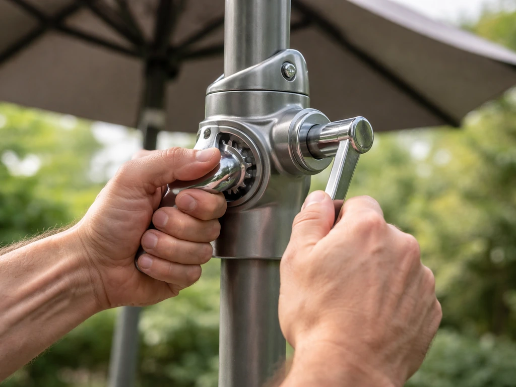 Hands turning the crank handle of a manual umbrella, showing open/close motion on the mechanism.