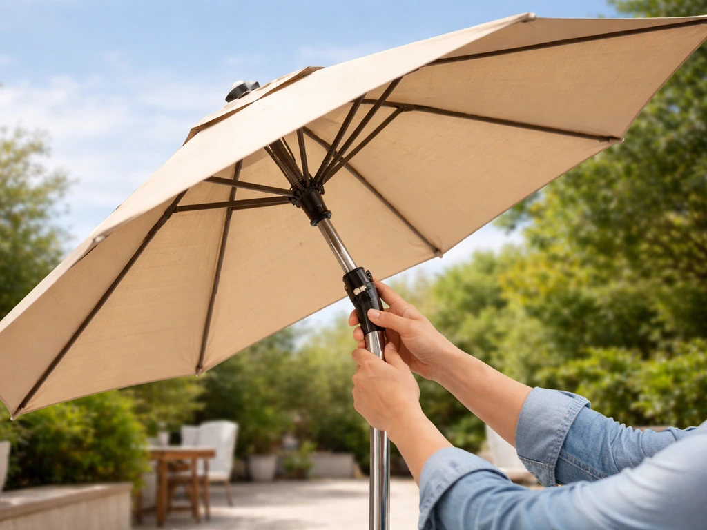 Hands tilt a fully opened patio umbrella using the lever/loop lock, canopy clearly angled.