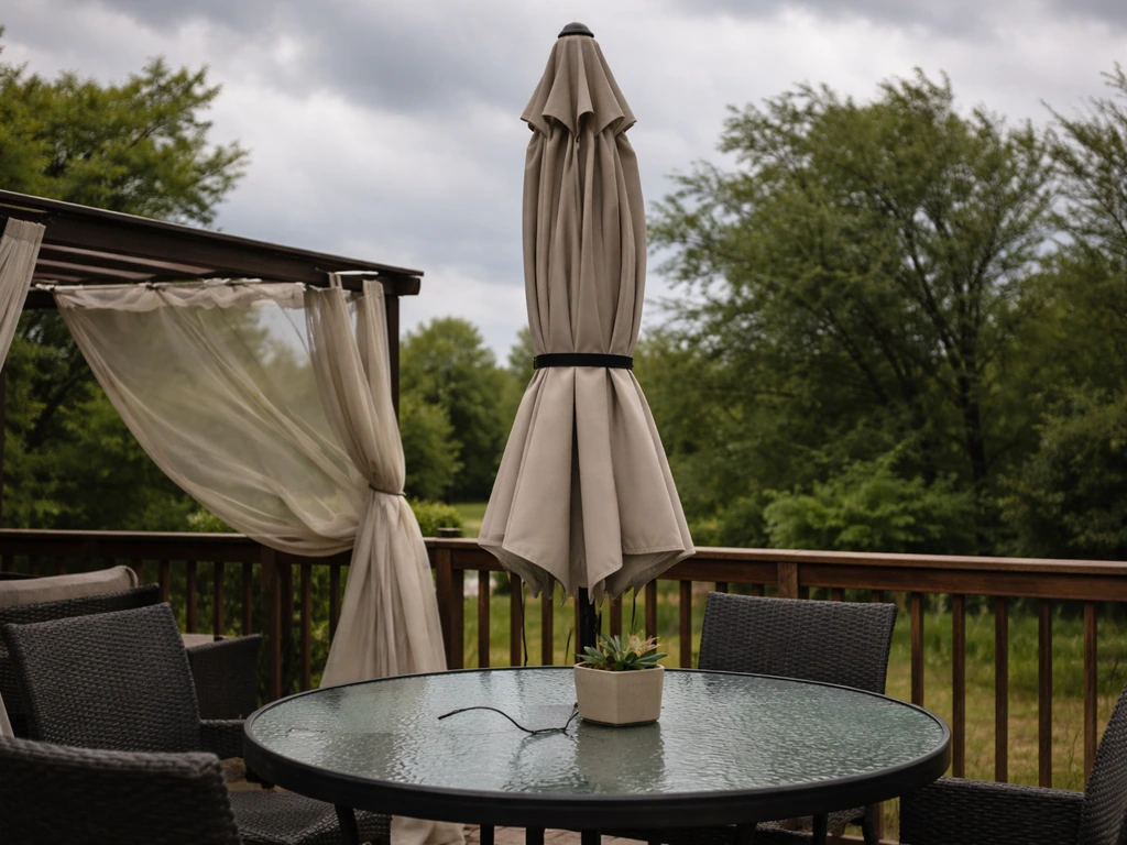 Closed outdoor umbrella strapped down on a windy patio under cloudy skies, secured for wind safety.