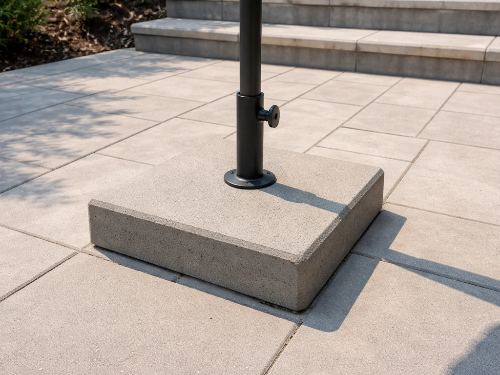 Concrete umbrella base set on level patio pavers with the umbrella pole inserted, away from edges.
