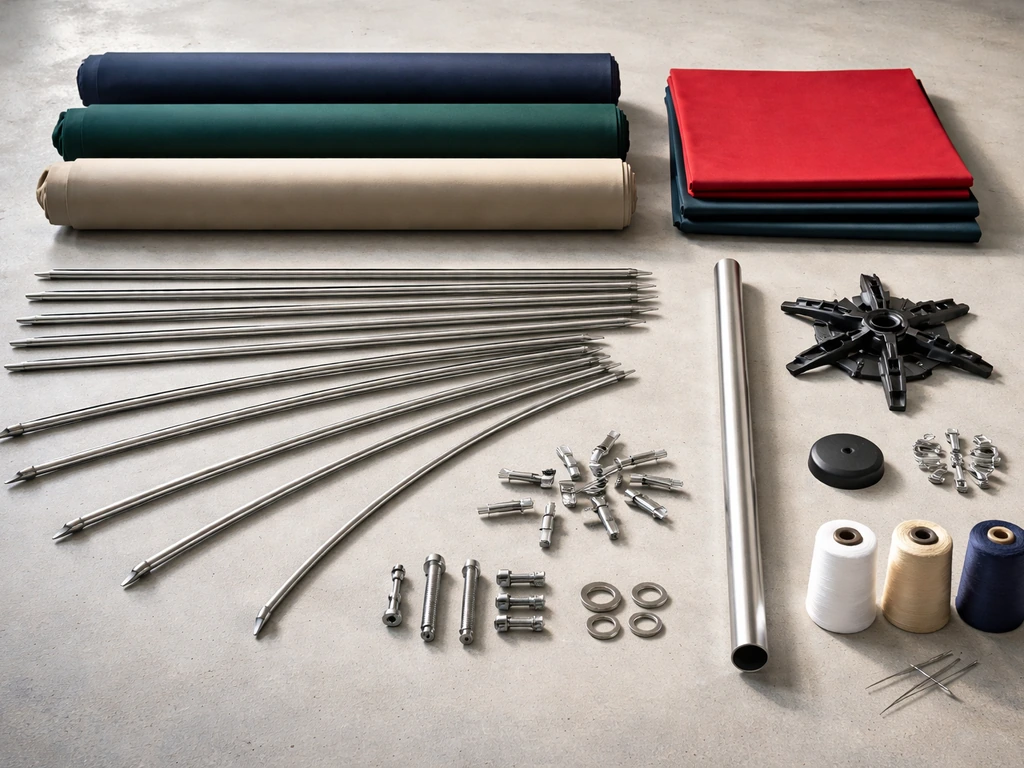 Umbrella components and canopy fabric laid out neatly in a workshop before cutting