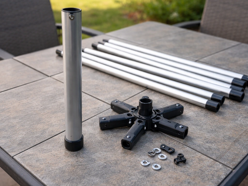 Tent frame components laid out: center pole, ribs, and hub/spider sockets on a patio table.