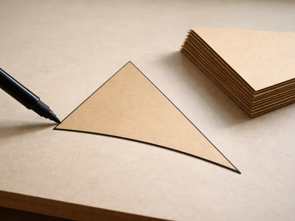 Triangular pie-slice canopy template on cardboard with a marker tracing the geometry on a clean workbench.