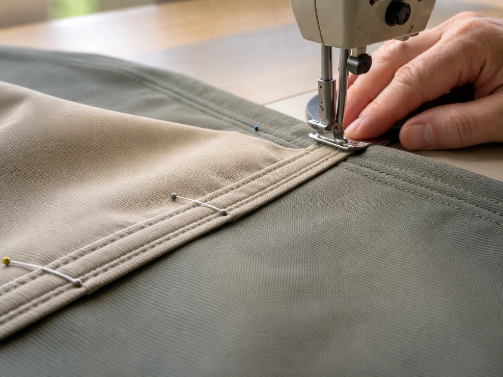 Close-up of overlapping outdoor canopy fabric panels pinned and stitched with heavy-duty thread