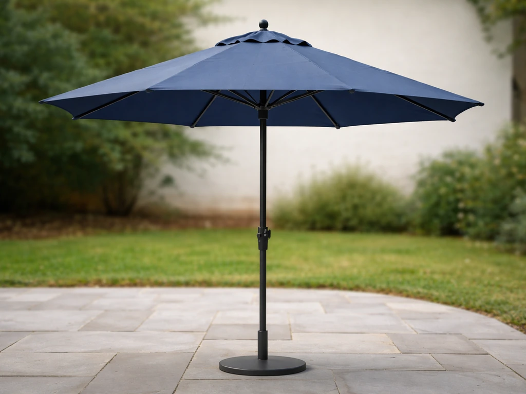 Close-up of an umbrella fully opened outdoors, canopy evenly tensioned with smooth rib deployment.